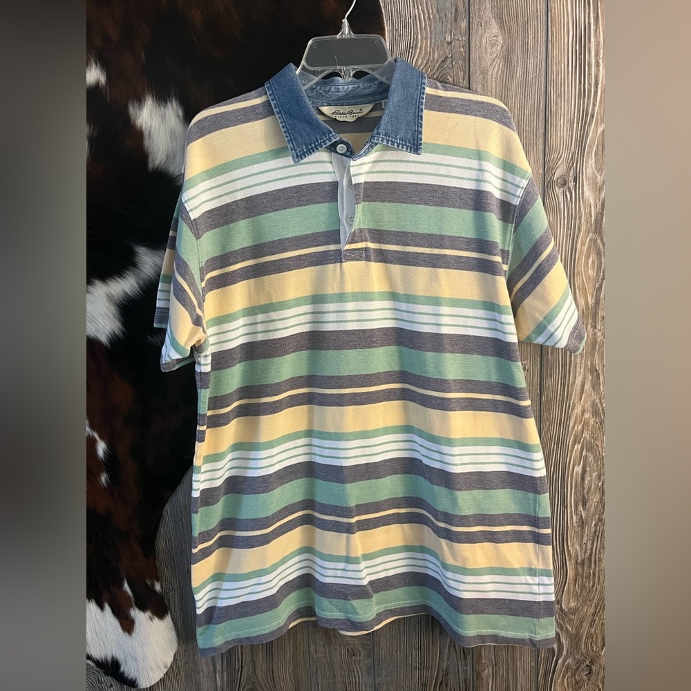 Vintage Eddie Bauer size large men’s yellow blue & green striped polo
